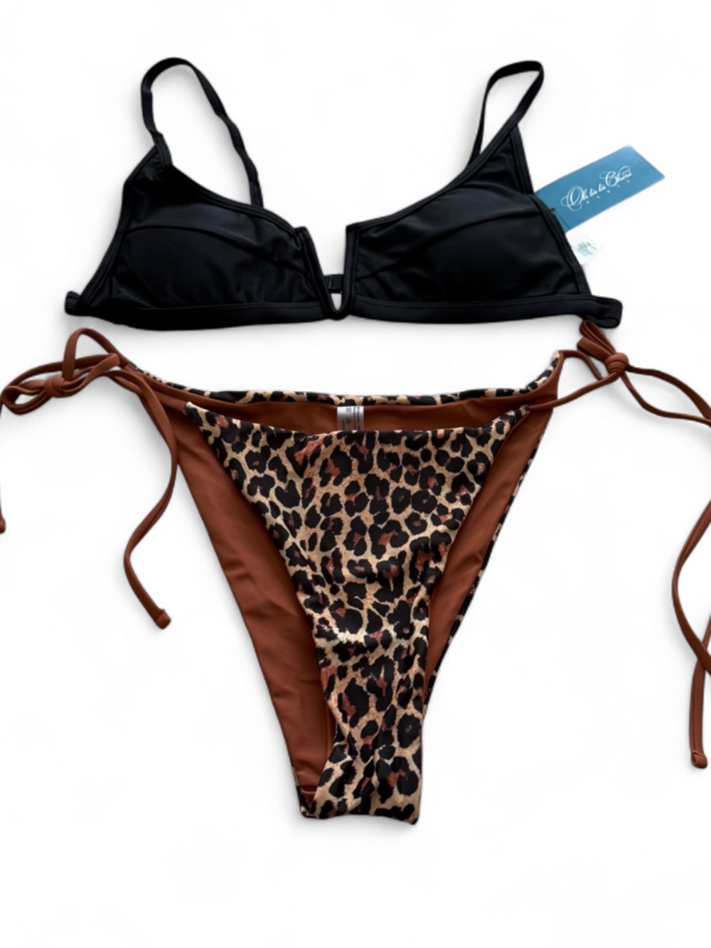 Cha Lala Cheri Paris Black  Triangle Bikini Top & Leopard Tie-Side Bottom Swim
